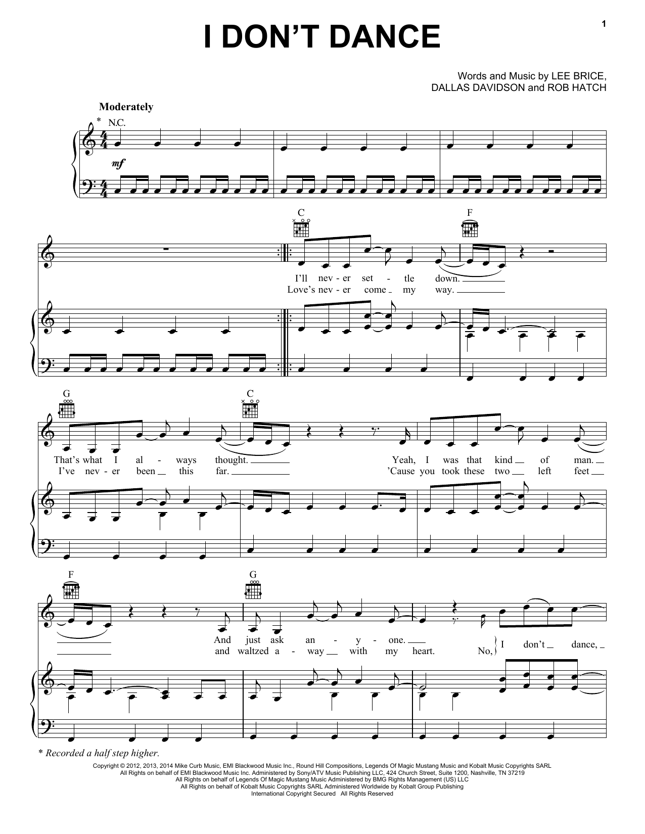 Lee Brice I Don't Dance Sheet Music Notes & Chords for Piano, Vocal & Guitar (Right-Hand Melody) - Download or Print PDF