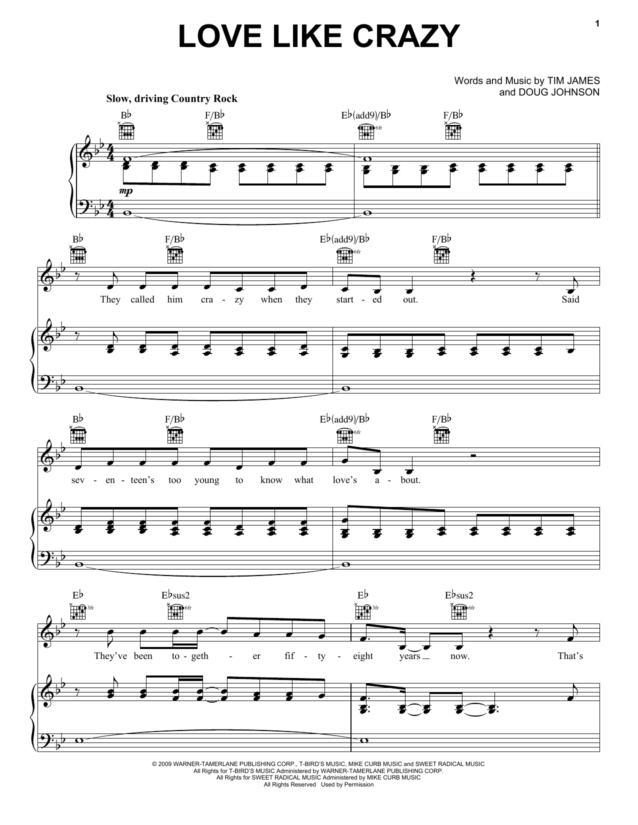 Lee Brice Love Like Crazy Sheet Music Notes & Chords for Piano, Vocal & Guitar (Right-Hand Melody) - Download or Print PDF