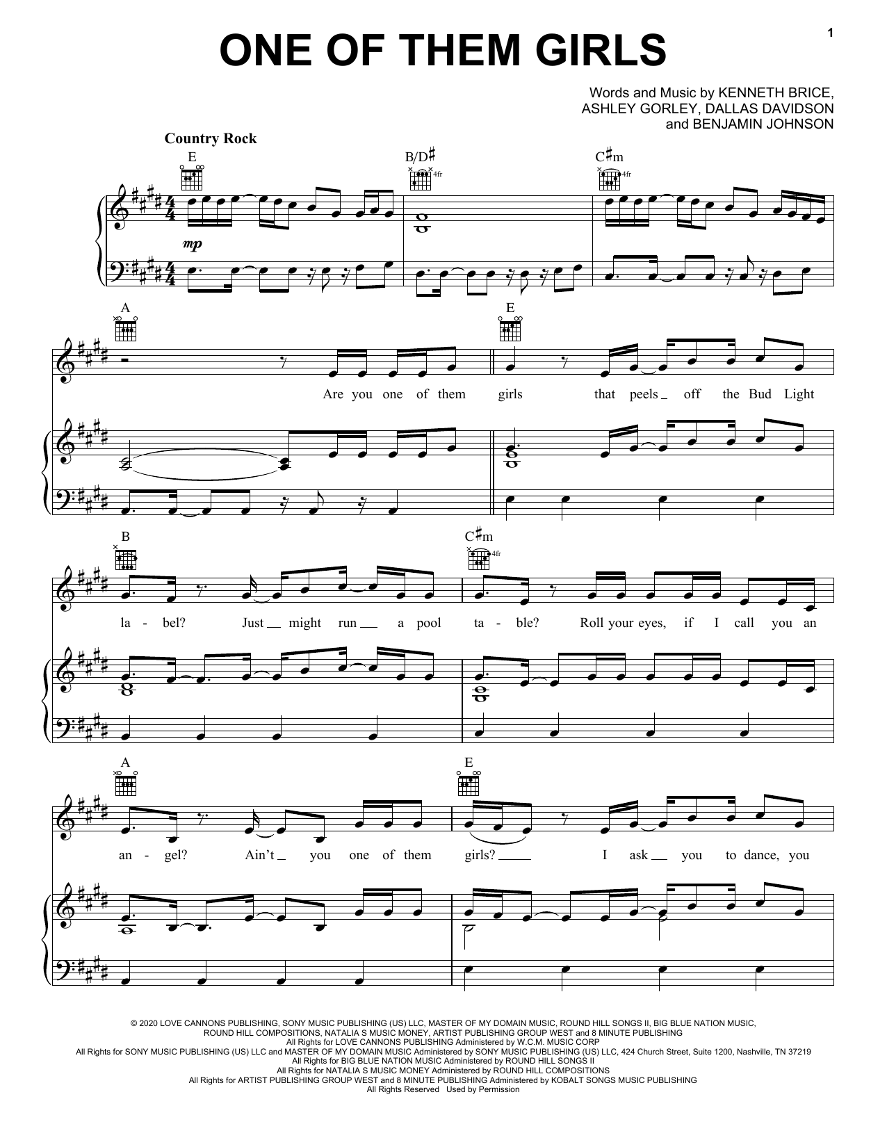 Lee Brice One Of Them Girls Sheet Music Notes & Chords for Piano, Vocal & Guitar Chords (Right-Hand Melody) - Download or Print PDF