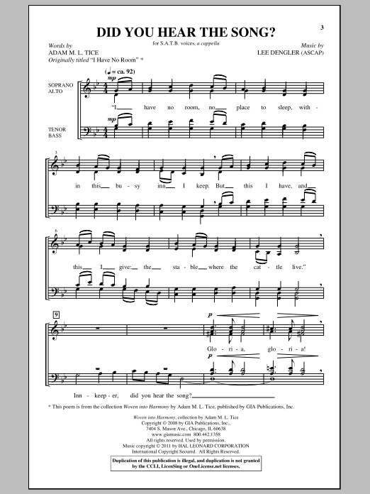 Lee Dengler Did You Hear The Song? Sheet Music Notes & Chords for SATB - Download or Print PDF