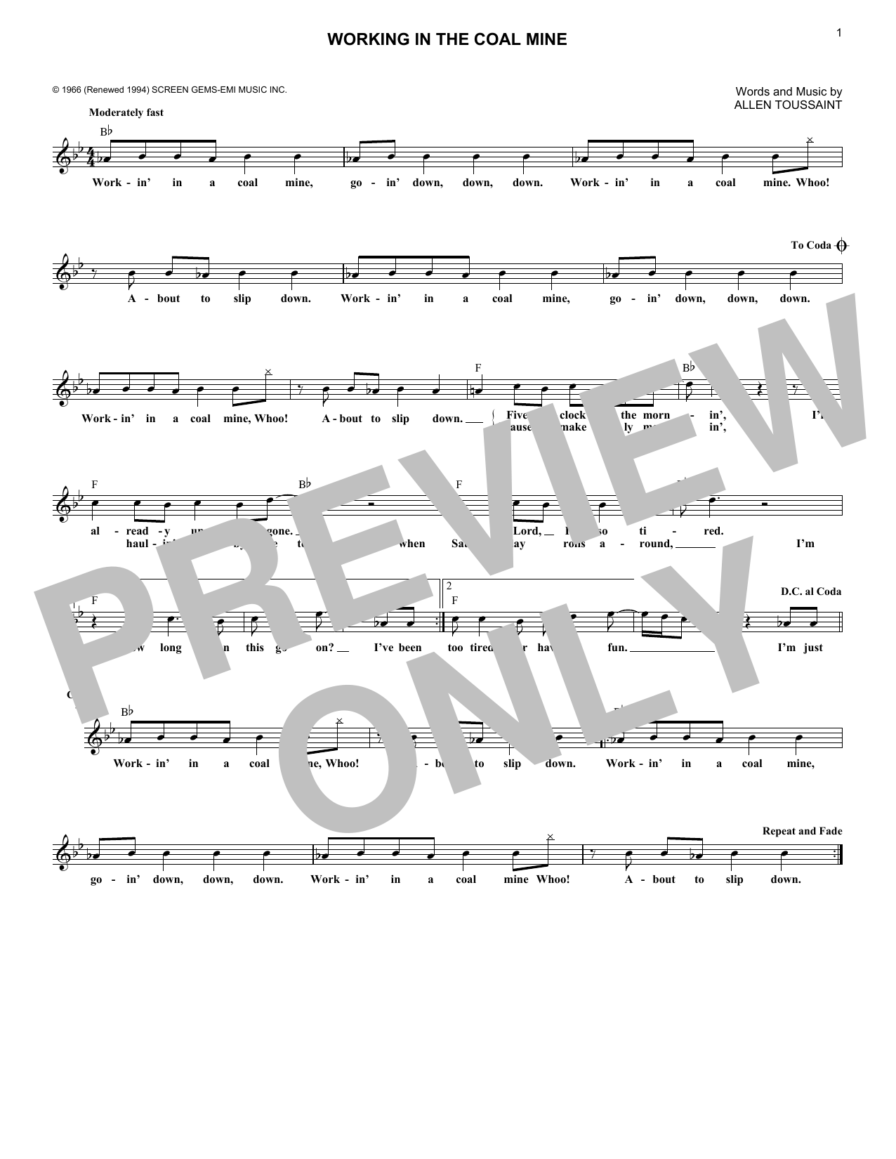 Lee Dorsey Working In The Coal Mine Sheet Music Notes & Chords for Melody Line, Lyrics & Chords - Download or Print PDF