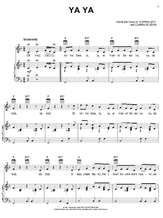 Lee Dorsey Ya Ya Sheet Music Notes & Chords for Piano, Vocal & Guitar (Right-Hand Melody) - Download or Print PDF