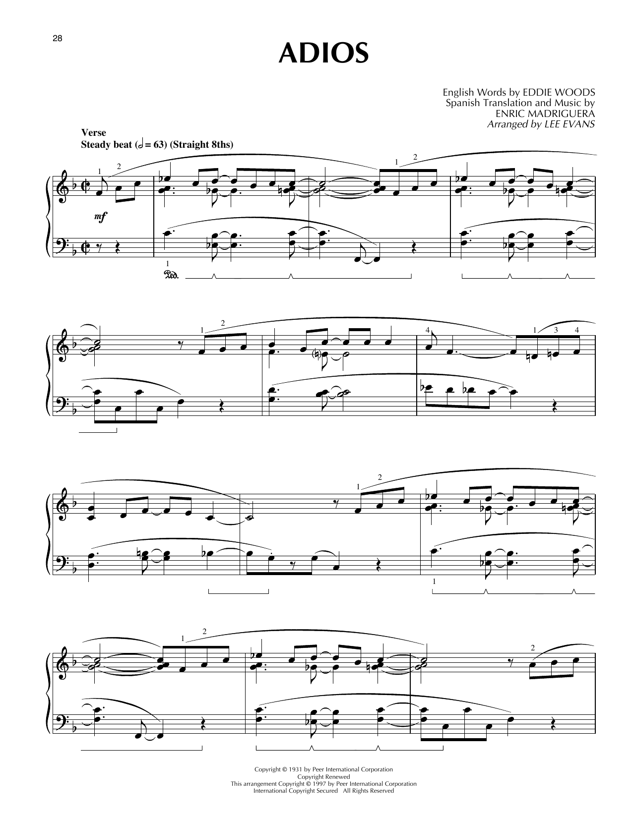 Lee Evans Adios Sheet Music Notes & Chords for Piano Solo - Download or Print PDF