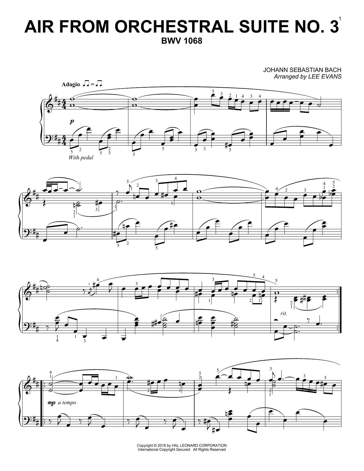 Lee Evans Air From Suite No. 3 In D Sheet Music Notes & Chords for Piano - Download or Print PDF