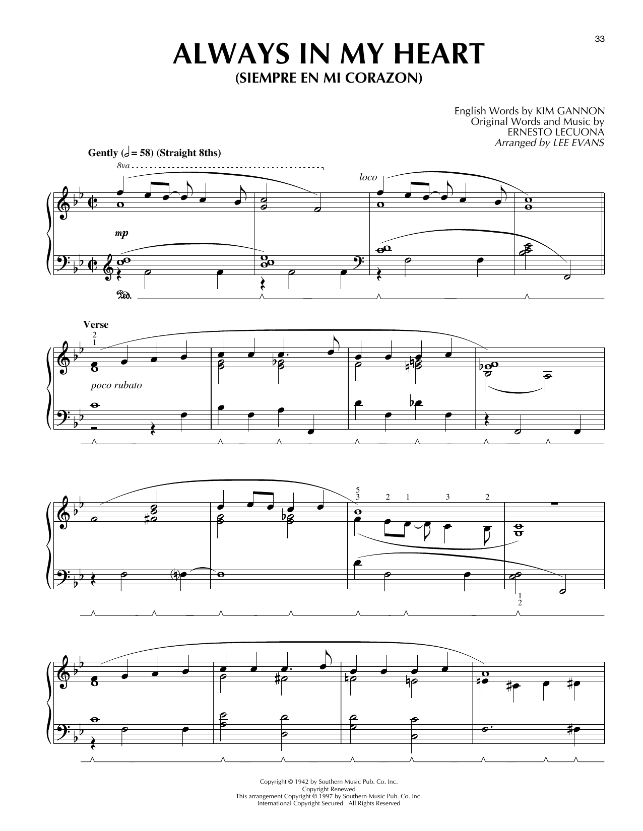 Lee Evans Always In My Heart (Siempre En Mi Corazon) Sheet Music Notes & Chords for Piano Solo - Download or Print PDF