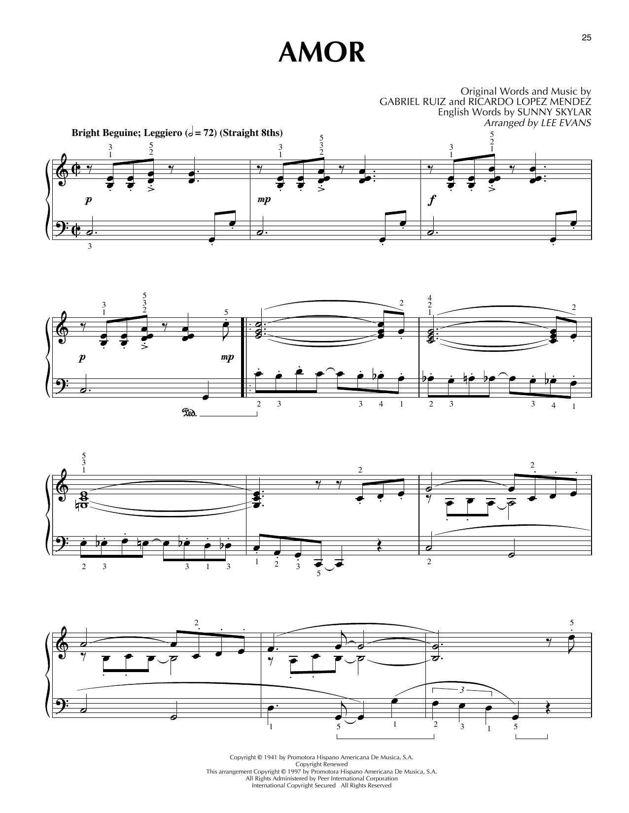 Lee Evans Amor (Amor, Amor, Amor) Sheet Music Notes & Chords for Piano Solo - Download or Print PDF