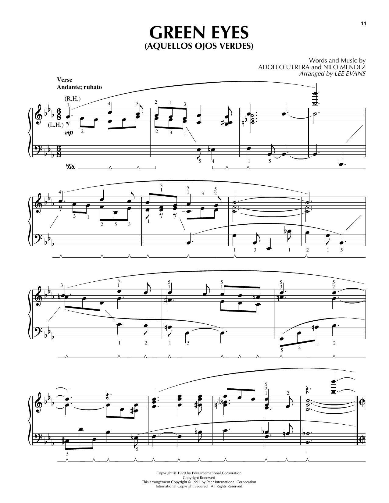 Lee Evans Aquellos Ojos Verdes (Green Eyes) Sheet Music Notes & Chords for Piano Solo - Download or Print PDF