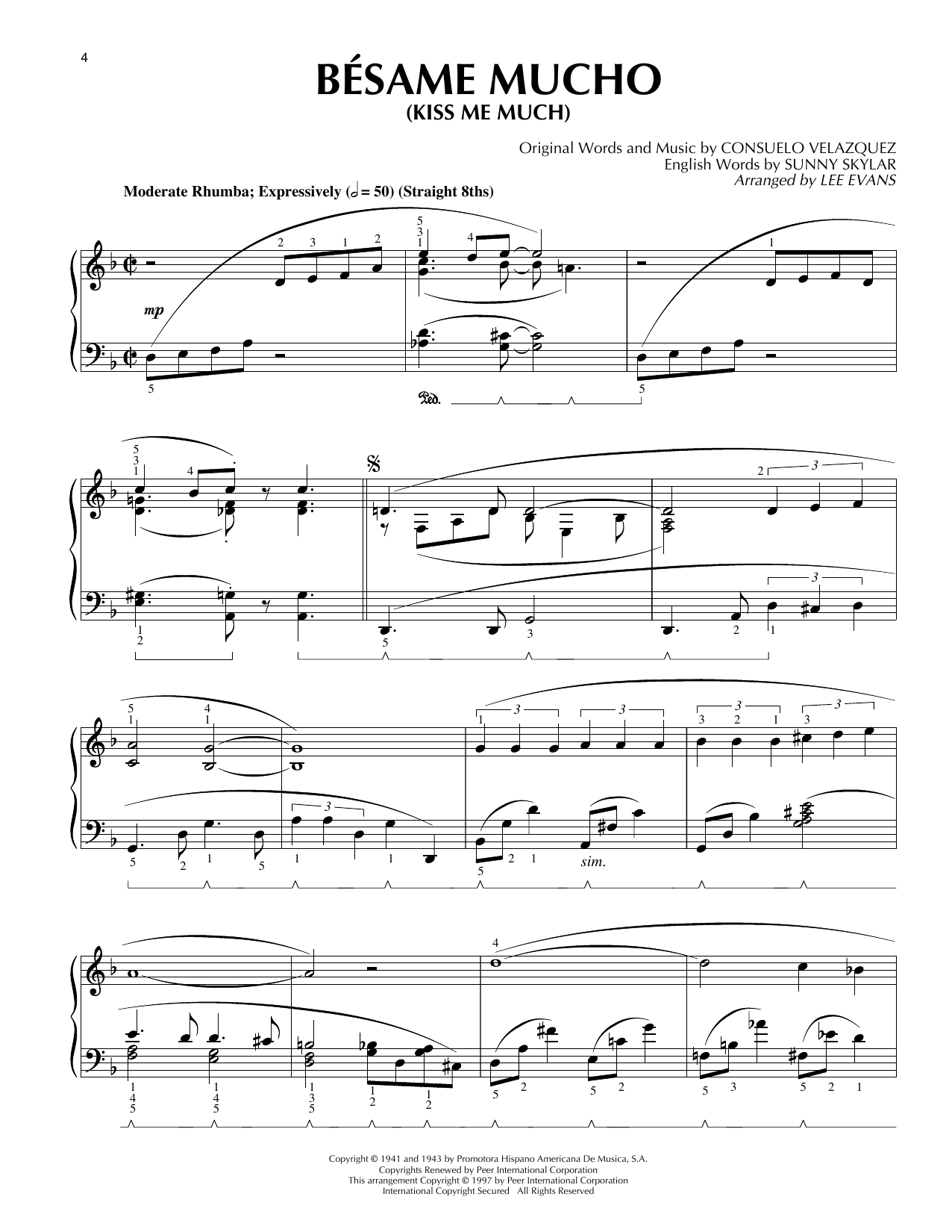 Lee Evans Bésame Mucho (Kiss Me Much) Sheet Music Notes & Chords for Piano Solo - Download or Print PDF