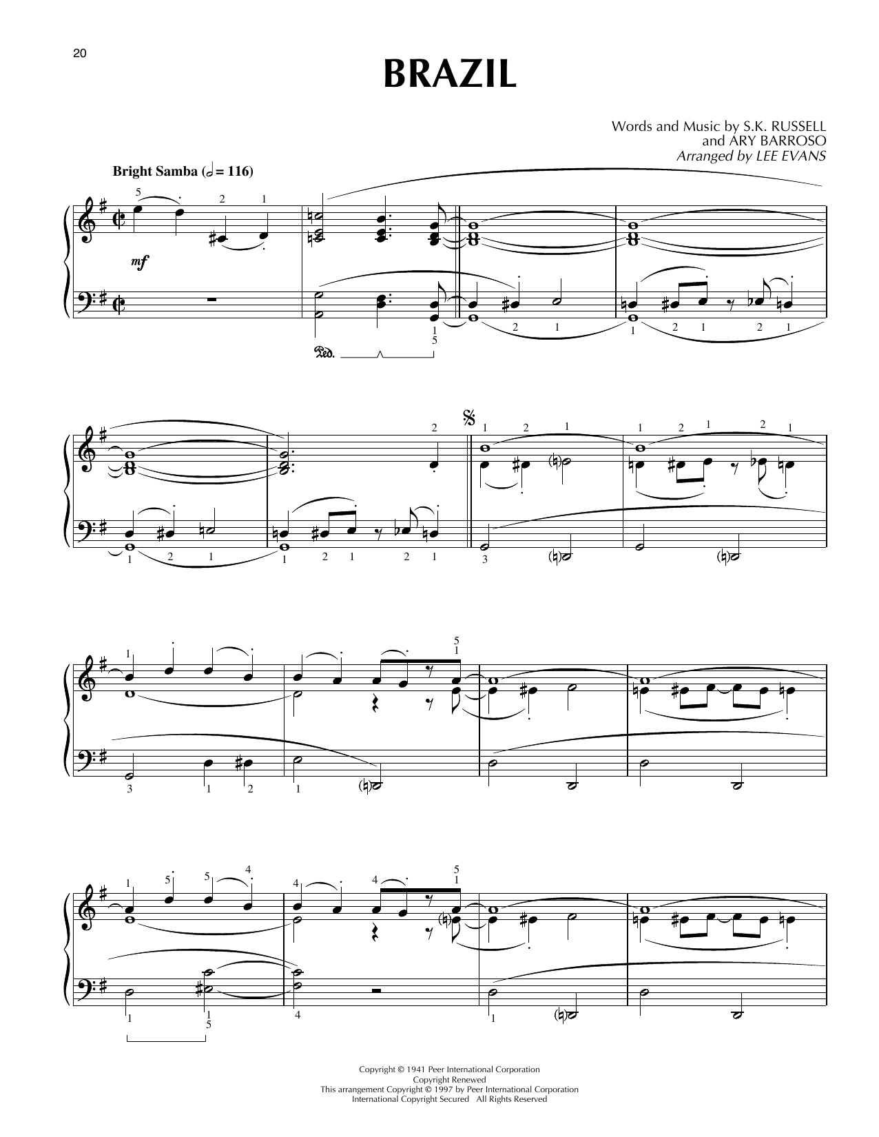 Lee Evans Brazil Sheet Music Notes & Chords for Piano Solo - Download or Print PDF