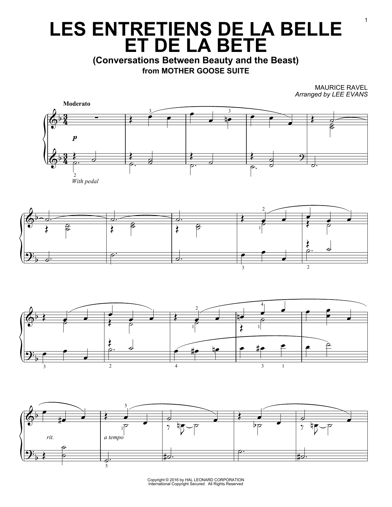 Lee Evans Les entretiens de la belle et de la bete (Conversations Between Beauty And The Beast) Sheet Music Notes & Chords for Piano - Download or Print PDF
