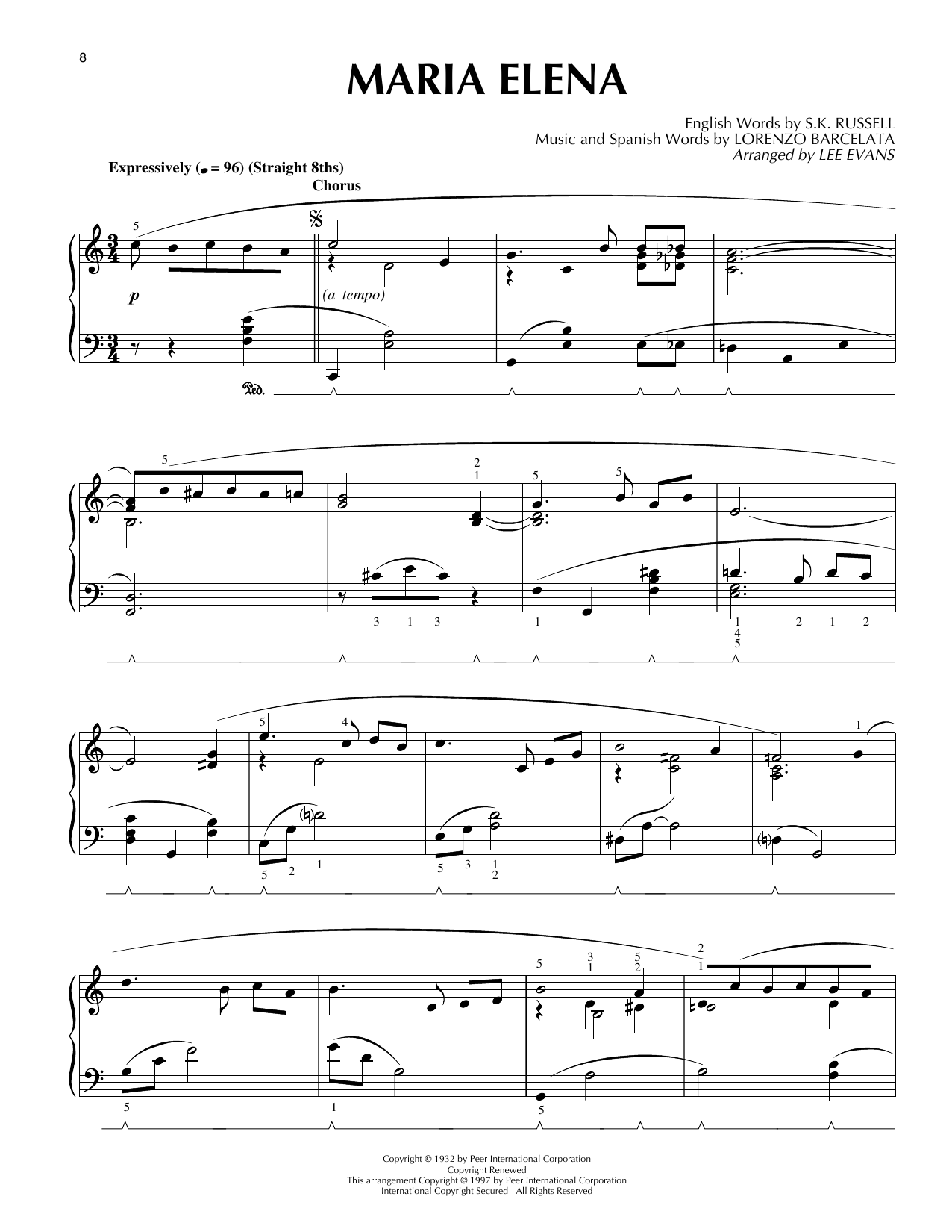 Lee Evans Maria Elena Sheet Music Notes & Chords for Piano Solo - Download or Print PDF
