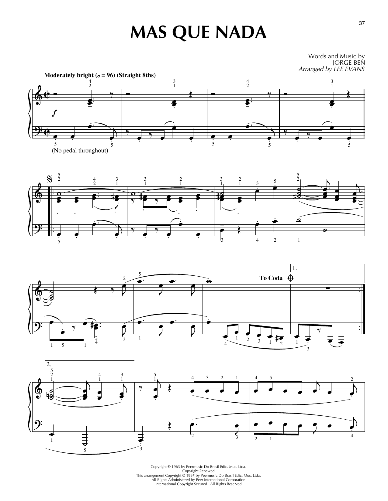 Lee Evans Mas Que Nada Sheet Music Notes & Chords for Piano Solo - Download or Print PDF