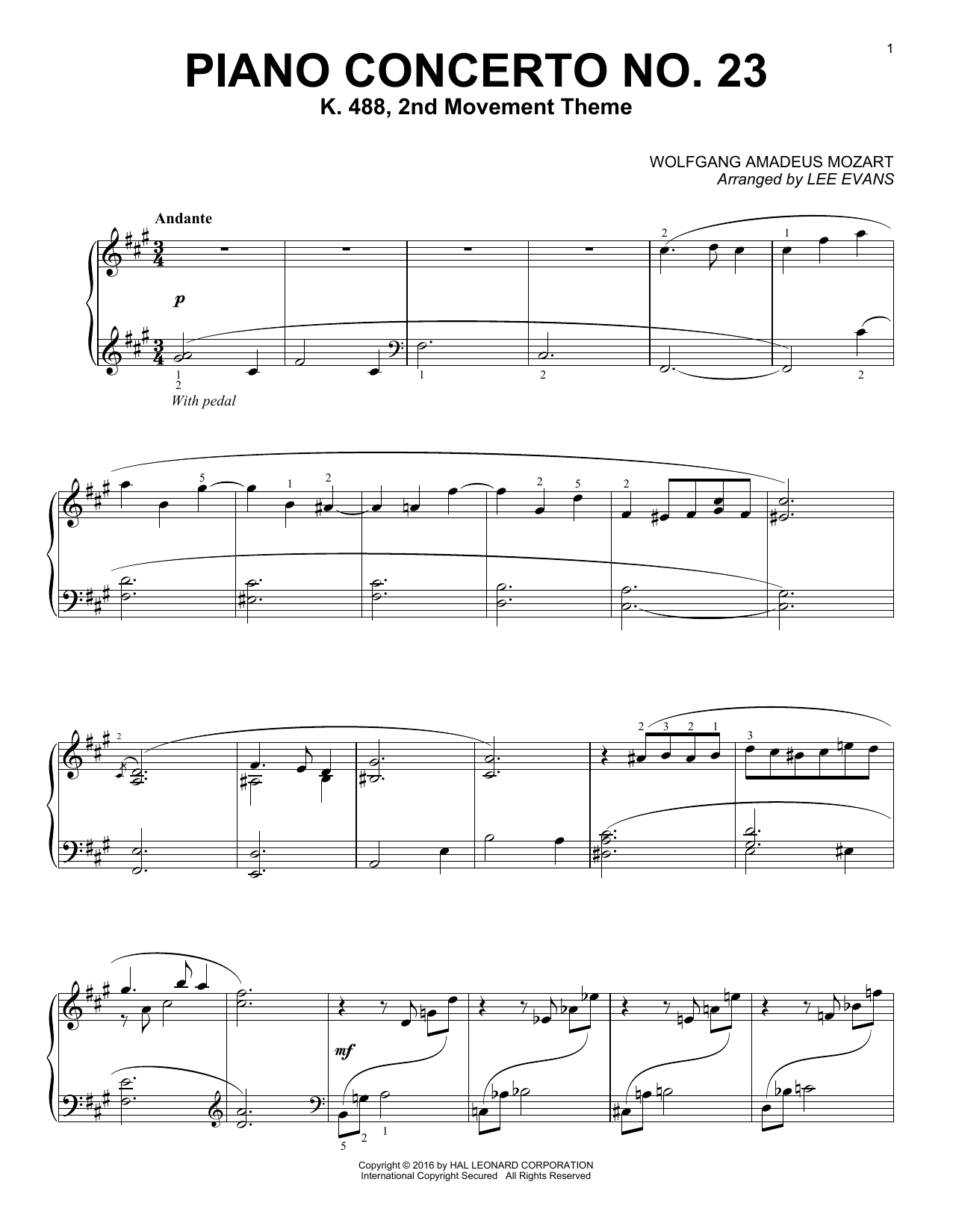 Lee Evans Piano Concerto In A Major, K.488, 2nd Movement Sheet Music Notes & Chords for Piano - Download or Print PDF