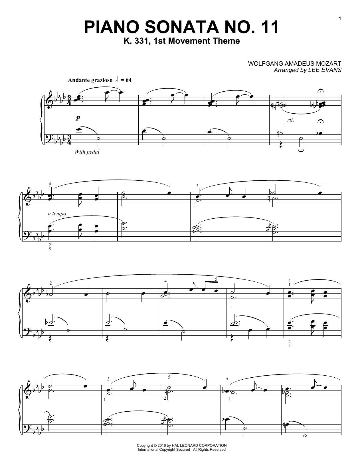 Lee Evans Piano Sonata In A Major, K.331, 1st Movement Sheet Music Notes & Chords for Piano - Download or Print PDF