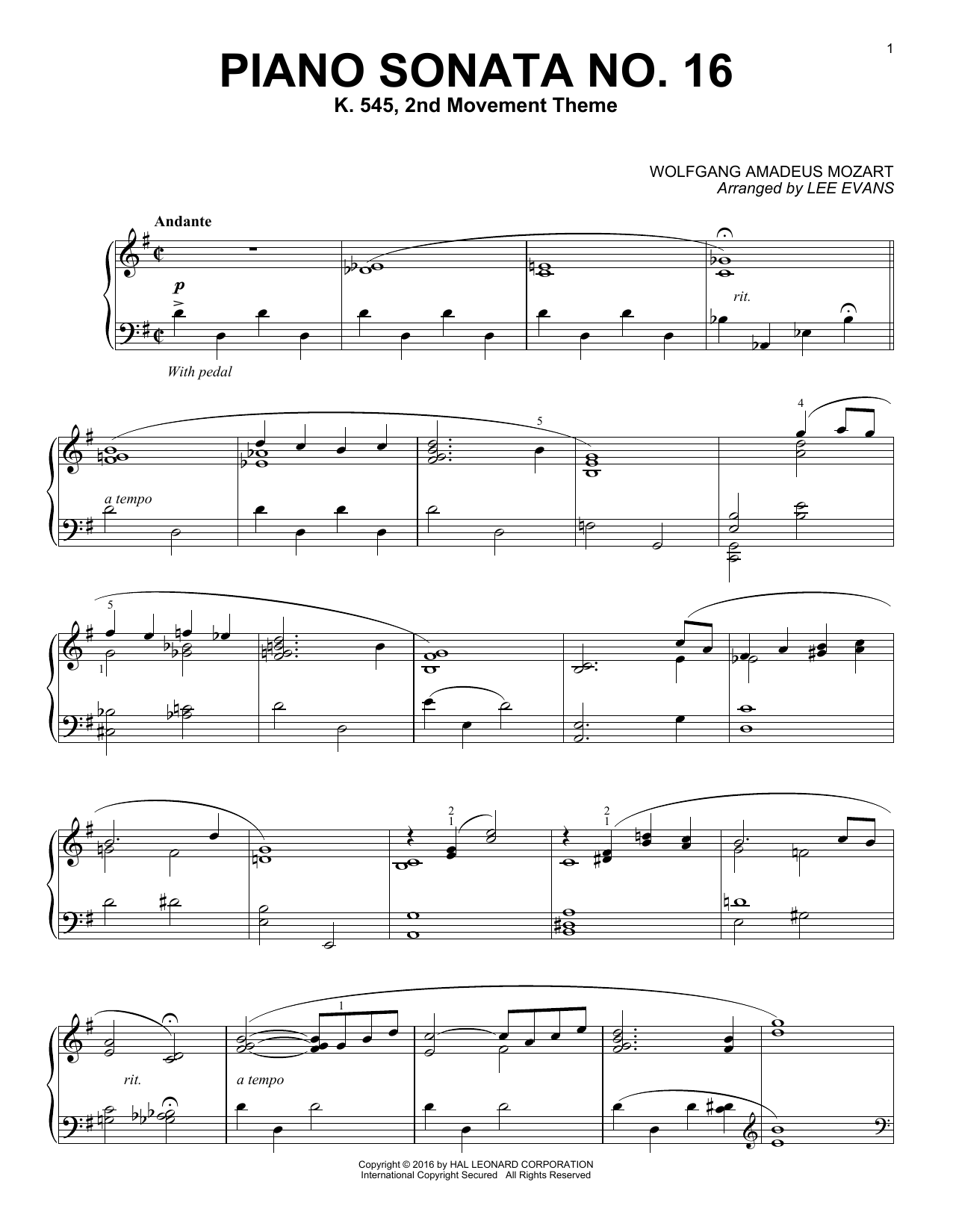 Lee Evans Piano Sonata In C Major, K.545, 2nd Movement Sheet Music Notes & Chords for Piano - Download or Print PDF