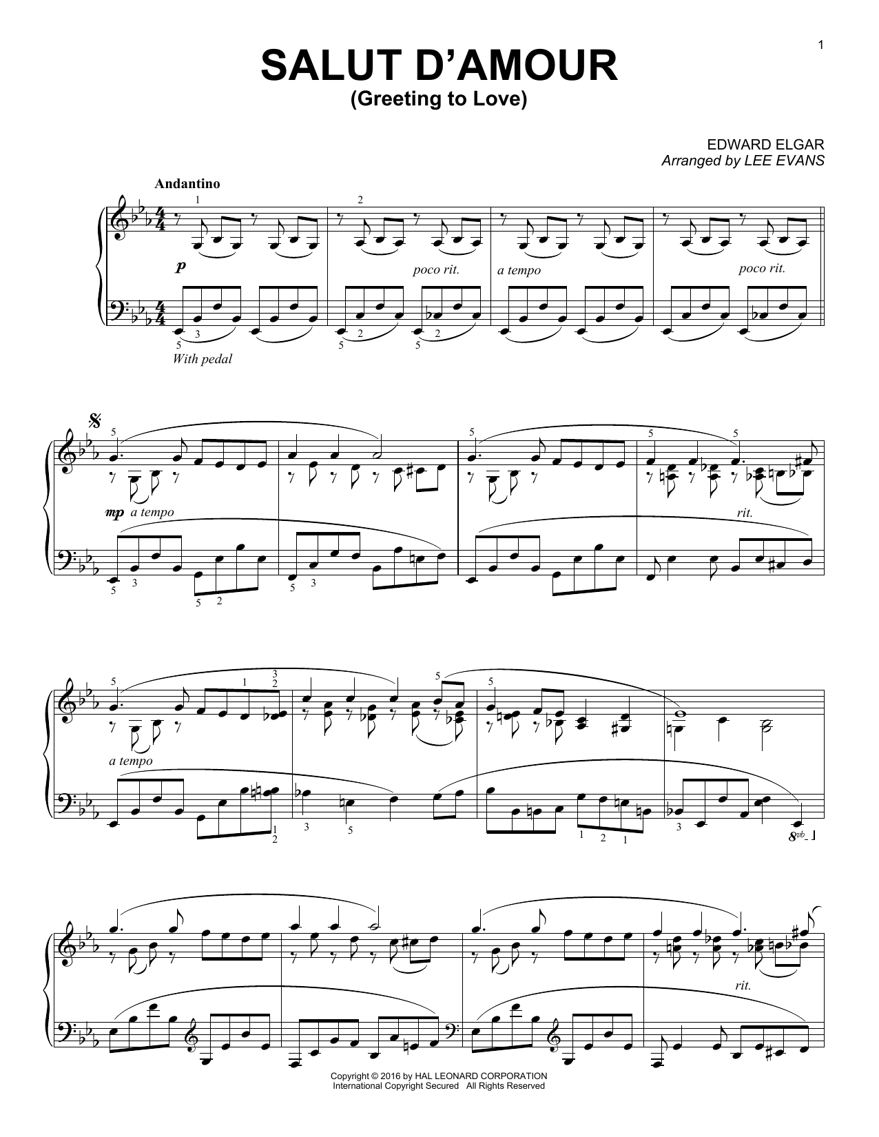 Lee Evans Salut D'amour (Greeting To Love) Sheet Music Notes & Chords for Piano - Download or Print PDF
