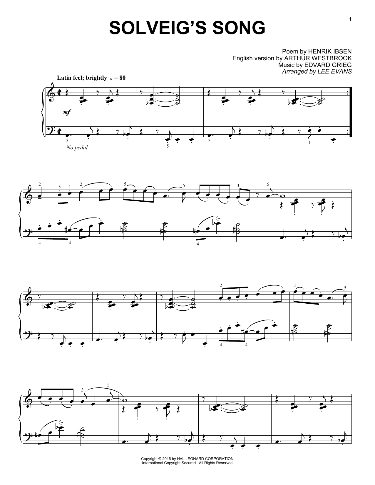 Lee Evans Solveig's Song Sheet Music Notes & Chords for Piano - Download or Print PDF