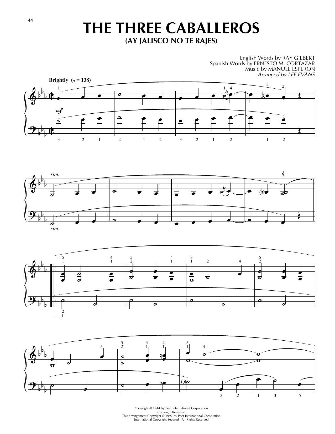 Lee Evans The Three Caballeros (Ay Jalisco No Te Rajes) Sheet Music Notes & Chords for Piano Solo - Download or Print PDF