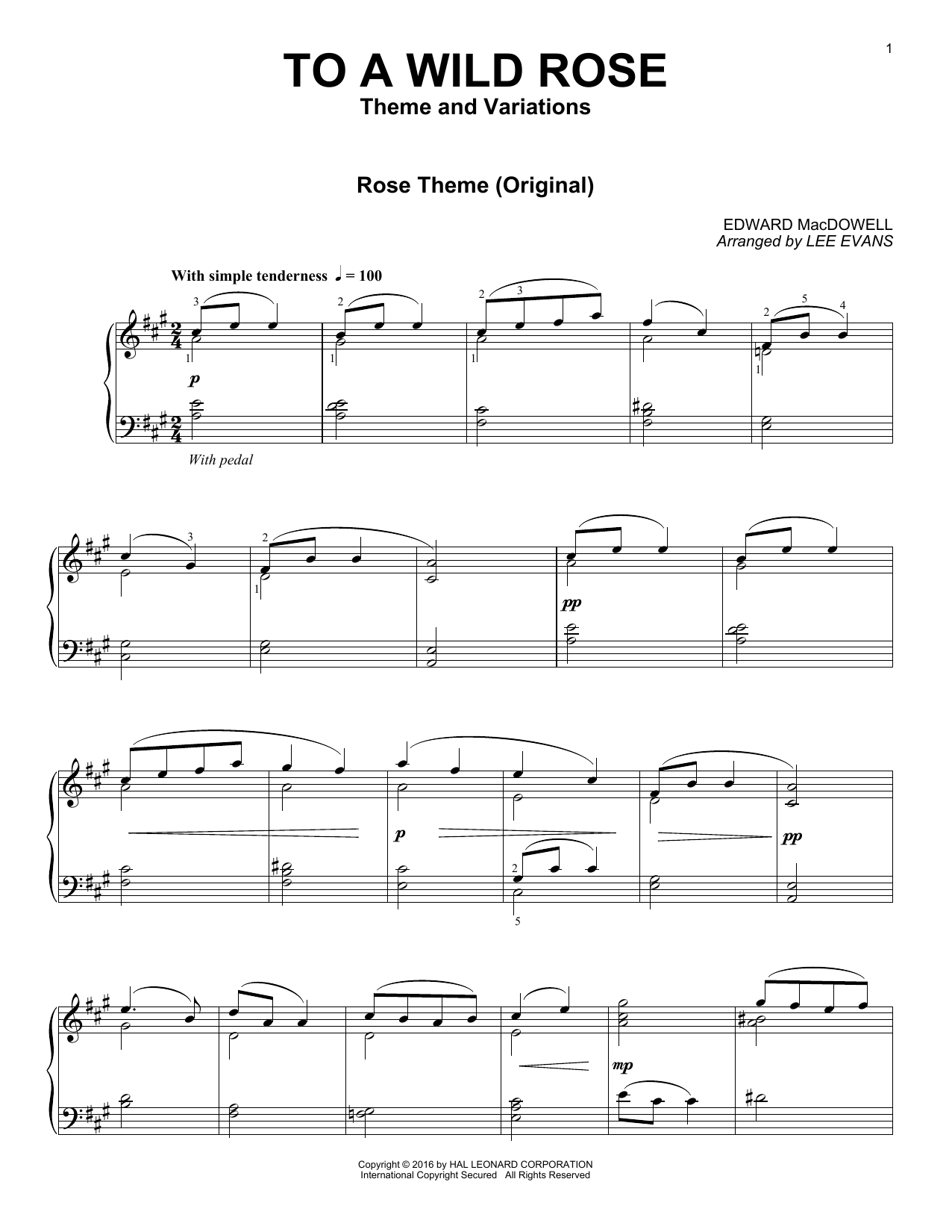 Lee Evans To A Wild Rose Sheet Music Notes & Chords for Piano - Download or Print PDF