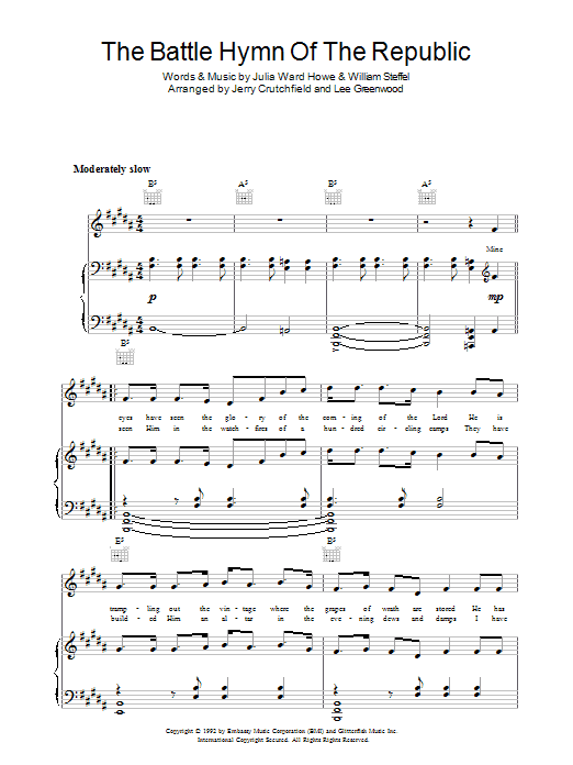 Lee Greenwood Battle Hymn Of The Republic Sheet Music Notes & Chords for Piano, Vocal & Guitar (Right-Hand Melody) - Download or Print PDF