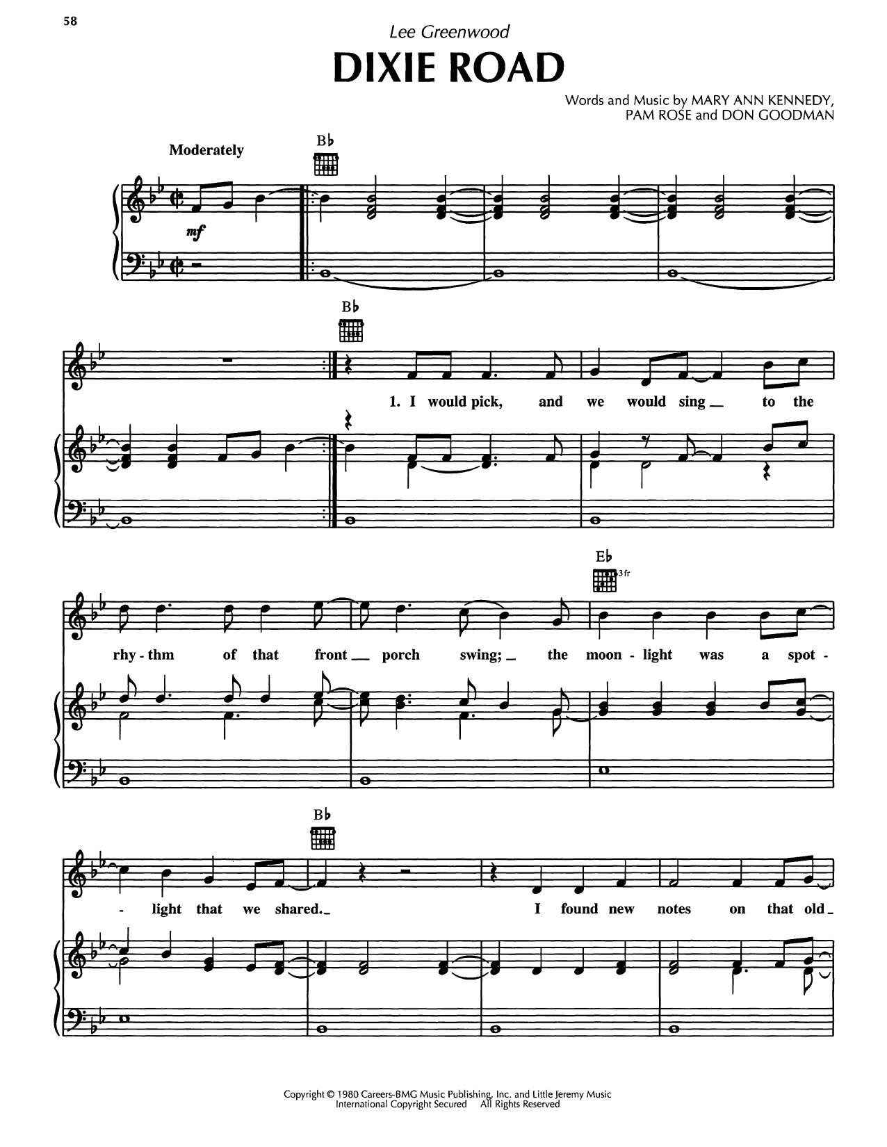 Lee Greenwood Dixie Road Sheet Music Notes & Chords for Piano, Vocal & Guitar Chords (Right-Hand Melody) - Download or Print PDF Lee Greenwood Dixie Road Sheet Music Notes & Chords for Piano, Vocal & Guitar Chords (Right-Hand Melody) - Download or Print PDF