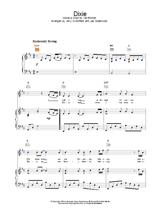 Lee Greenwood Dixie Sheet Music Notes & Chords for Piano, Vocal & Guitar (Right-Hand Melody) - Download or Print PDF