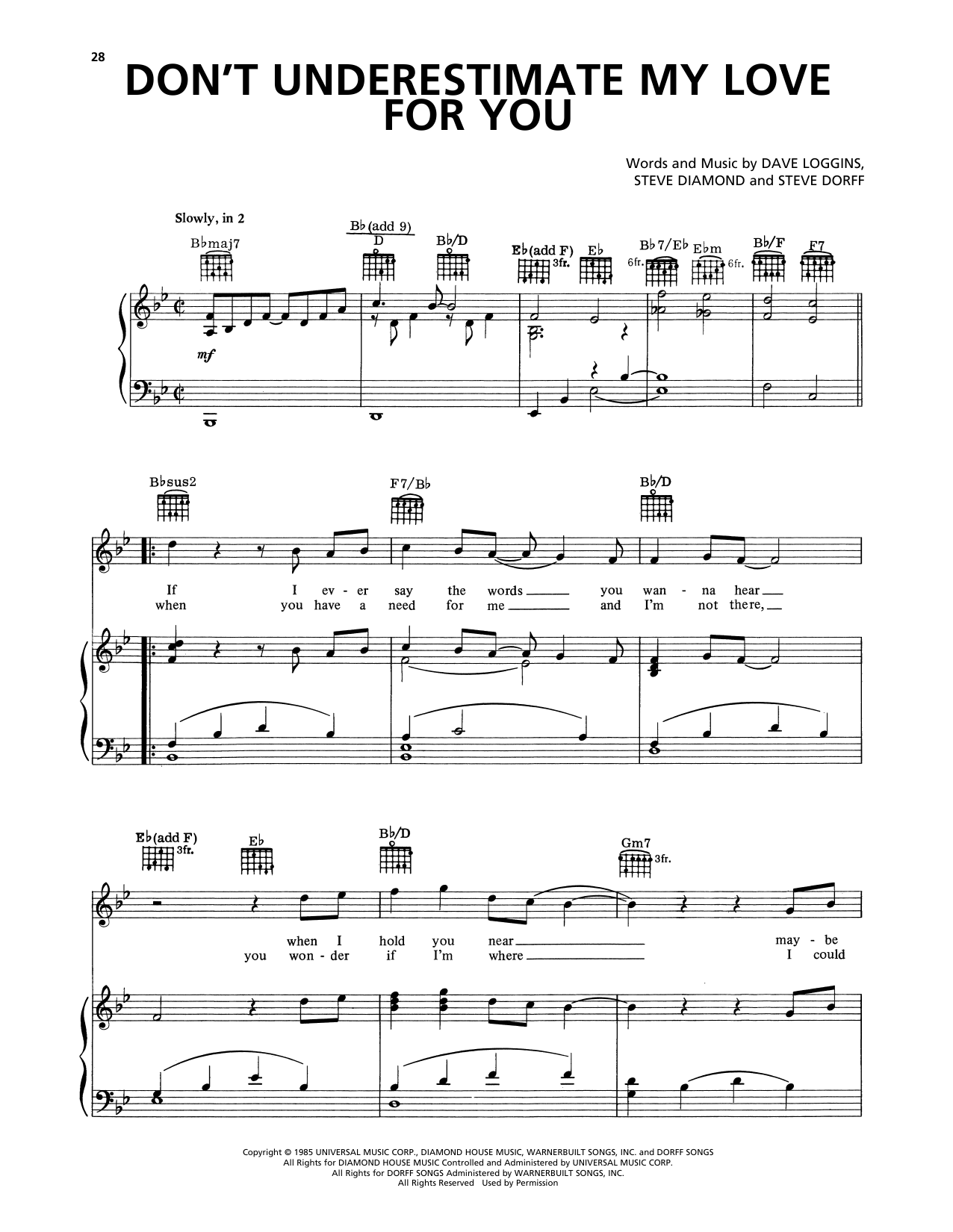Lee Greenwood Don't Underestimate My Love For You Sheet Music Notes & Chords for Piano, Vocal & Guitar Chords (Right-Hand Melody) - Download or Print PDF