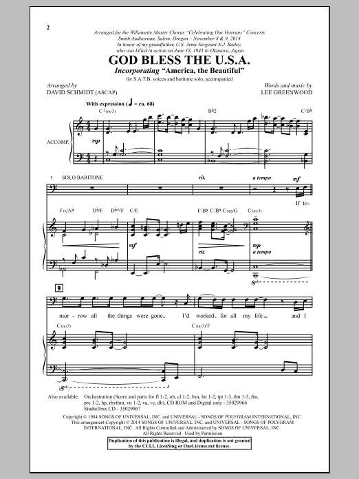 Lee Greenwood God Bless The U.S.A. (arr. David Schmidt) Sheet Music Notes & Chords for SATB - Download or Print PDF