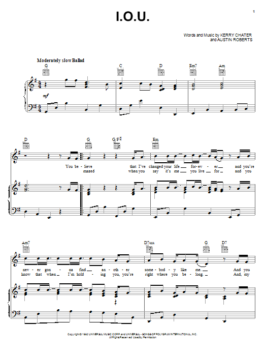 Lee Greenwood I.O.U. Sheet Music Notes & Chords for Easy Guitar - Download or Print PDF