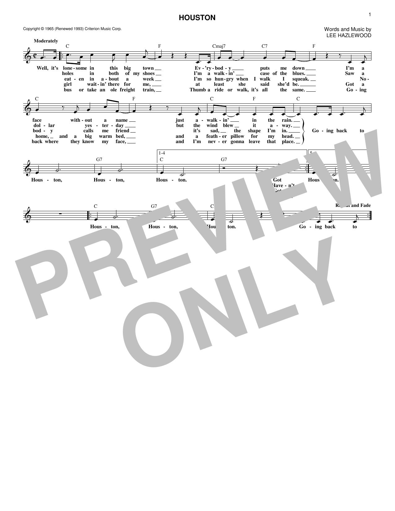 Lee Hazlewood Houston Sheet Music Notes & Chords for Melody Line, Lyrics & Chords - Download or Print PDF