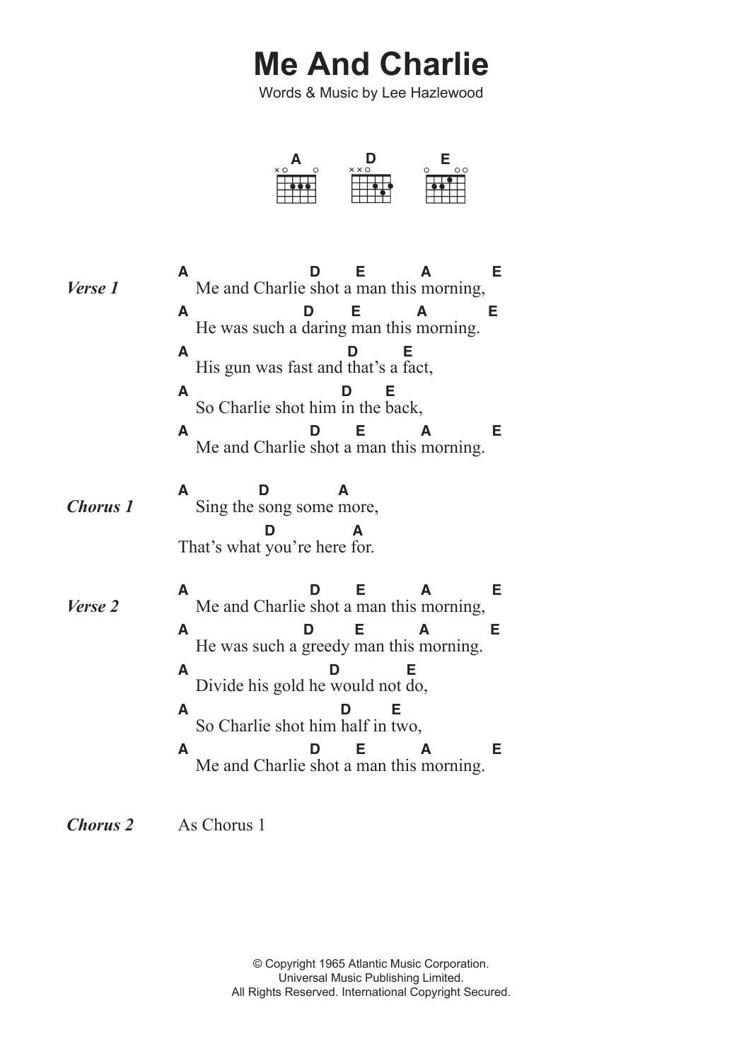 Lee Hazlewood Me And Charlie Sheet Music Notes & Chords for Lyrics & Chords - Download or Print PDF