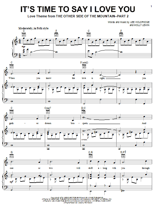 Lee Holdridge It's Time To Say I Love You Sheet Music Notes & Chords for Piano, Vocal & Guitar (Right-Hand Melody) - Download or Print PDF Lee Holdridge It's Time To Say I Love You Sheet Music Notes & Chords for Piano, Vocal & Guitar (Right-Hand Melody) - Download or Print PDF