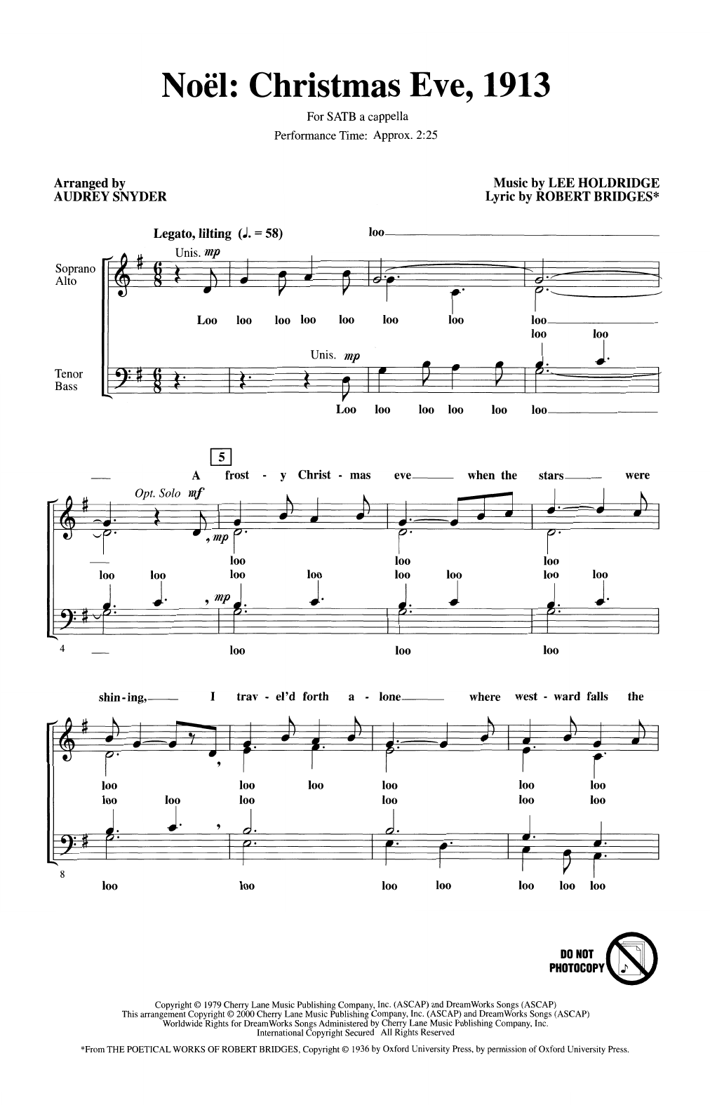 Lee Holdridge Noel: Christmas Eve, 1913 (arr. Audrey Snyder) Sheet Music Notes & Chords for SATB Choir - Download or Print PDF