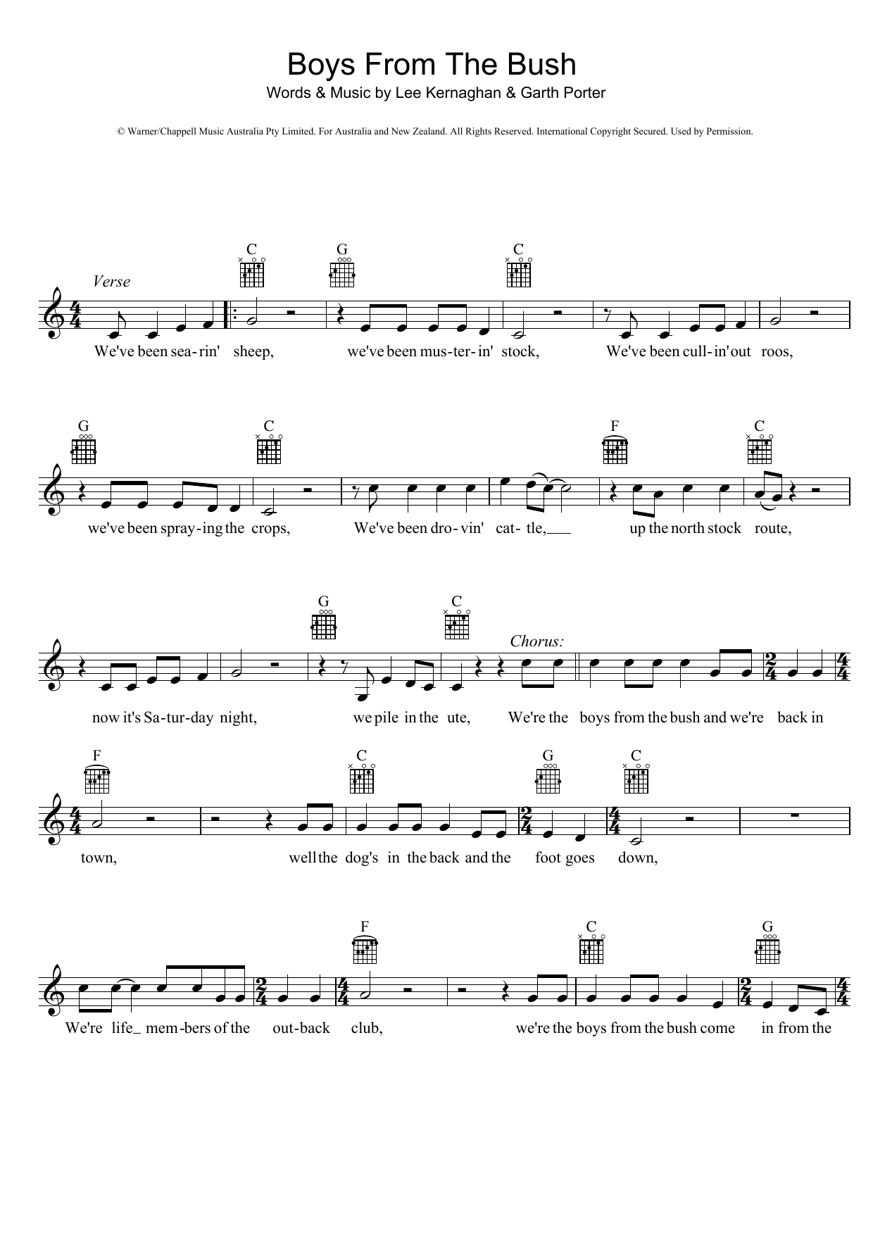 Lee Kernaghan Boys From The Bush Sheet Music Notes & Chords for Melody Line, Lyrics & Chords - Download or Print PDF