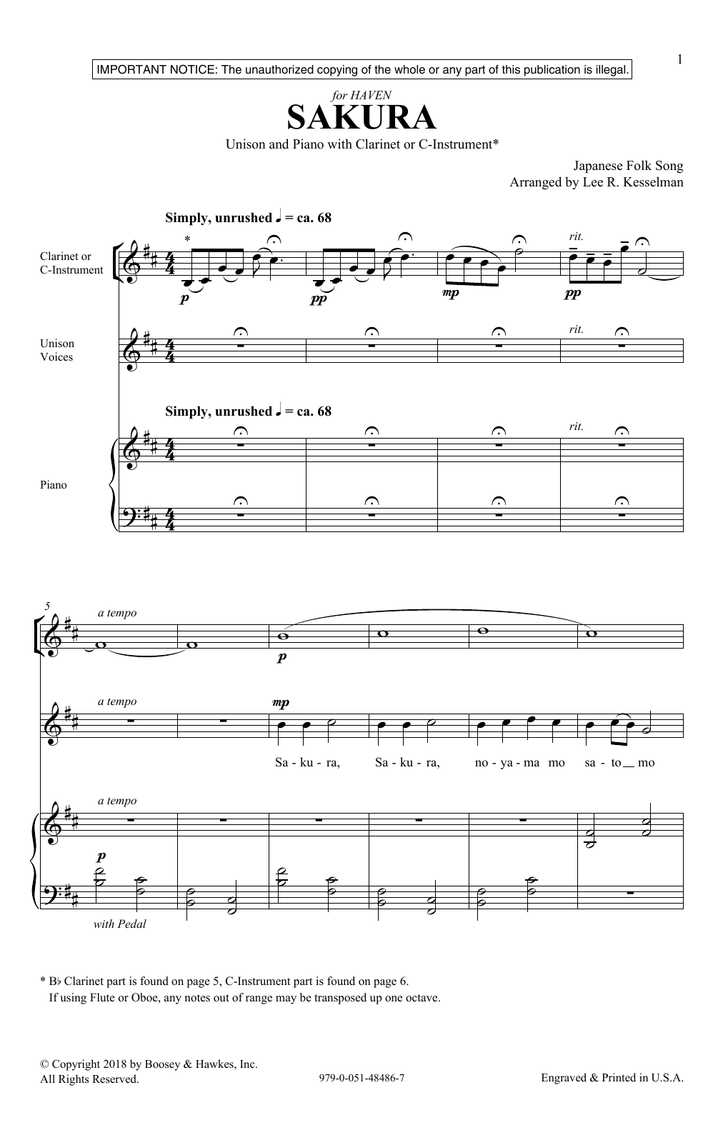Lee Kesselman Sakura Sheet Music Notes & Chords for Unison Choral - Download or Print PDF