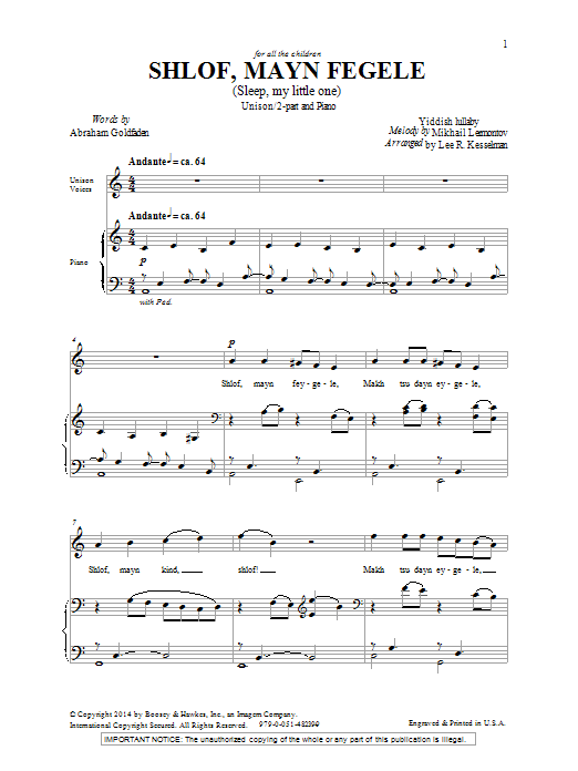 Lee Kesselman Shlof, Mayn Fegele (Sleep, My Little One) Sheet Music Notes & Chords for Unison Choral - Download or Print PDF