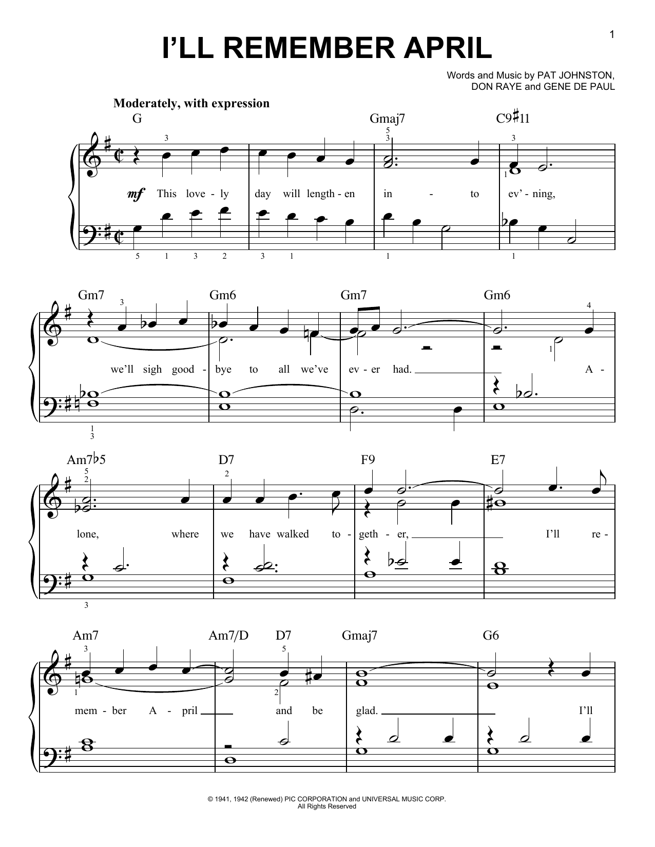 Lee Konitz I'll Remember April Sheet Music Notes & Chords for Easy Piano - Download or Print PDF