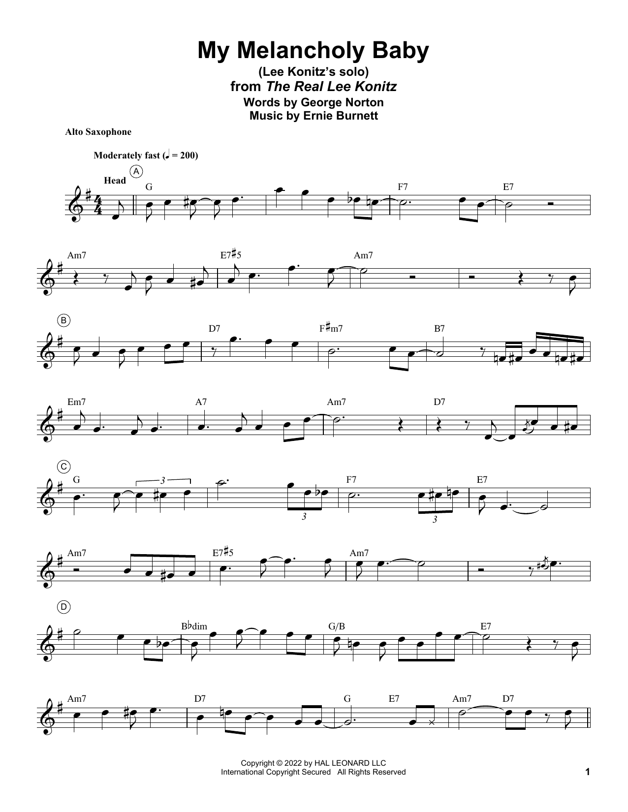 Lee Konitz My Melancholy Baby Sheet Music Notes & Chords for Alto Sax Transcription - Download or Print PDF