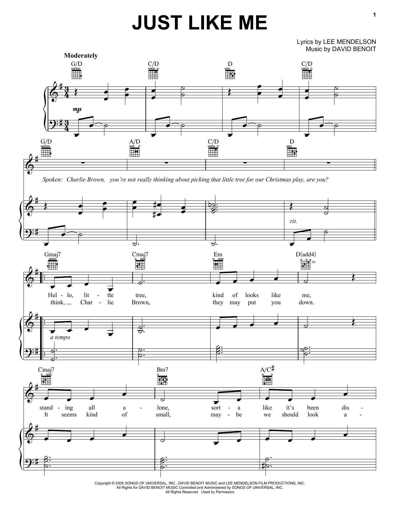 Lee Mendelson Just Like Me Sheet Music Notes & Chords for Piano, Vocal & Guitar (Right-Hand Melody) - Download or Print PDF