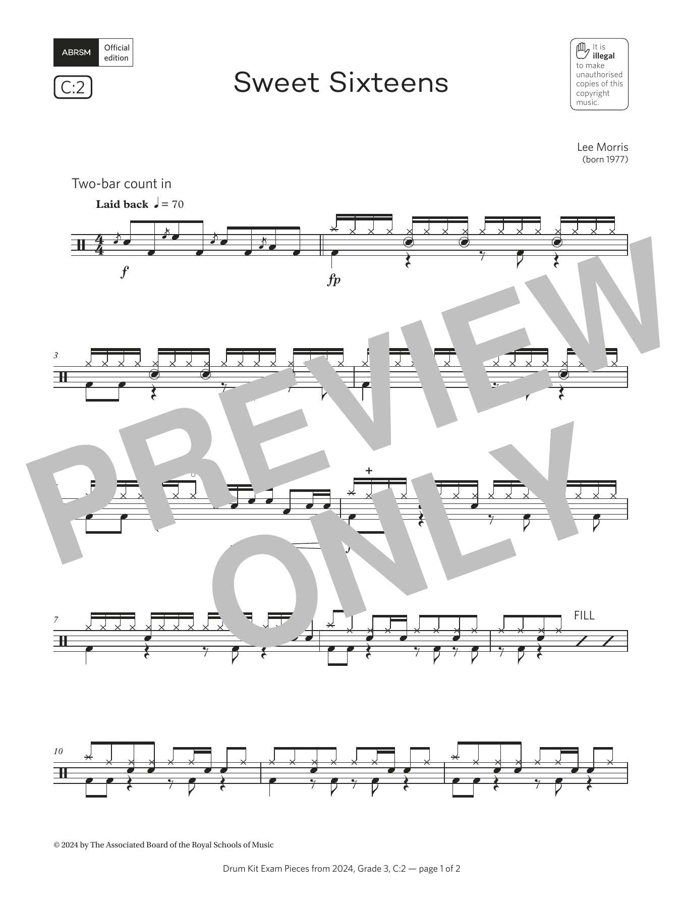 Lee Morris Sweet Sixteens (Grade 3, list C2, from the ABRSM Drum Kit Syllabus 2024) Sheet Music Notes & Chords for Drums - Download or Print PDF