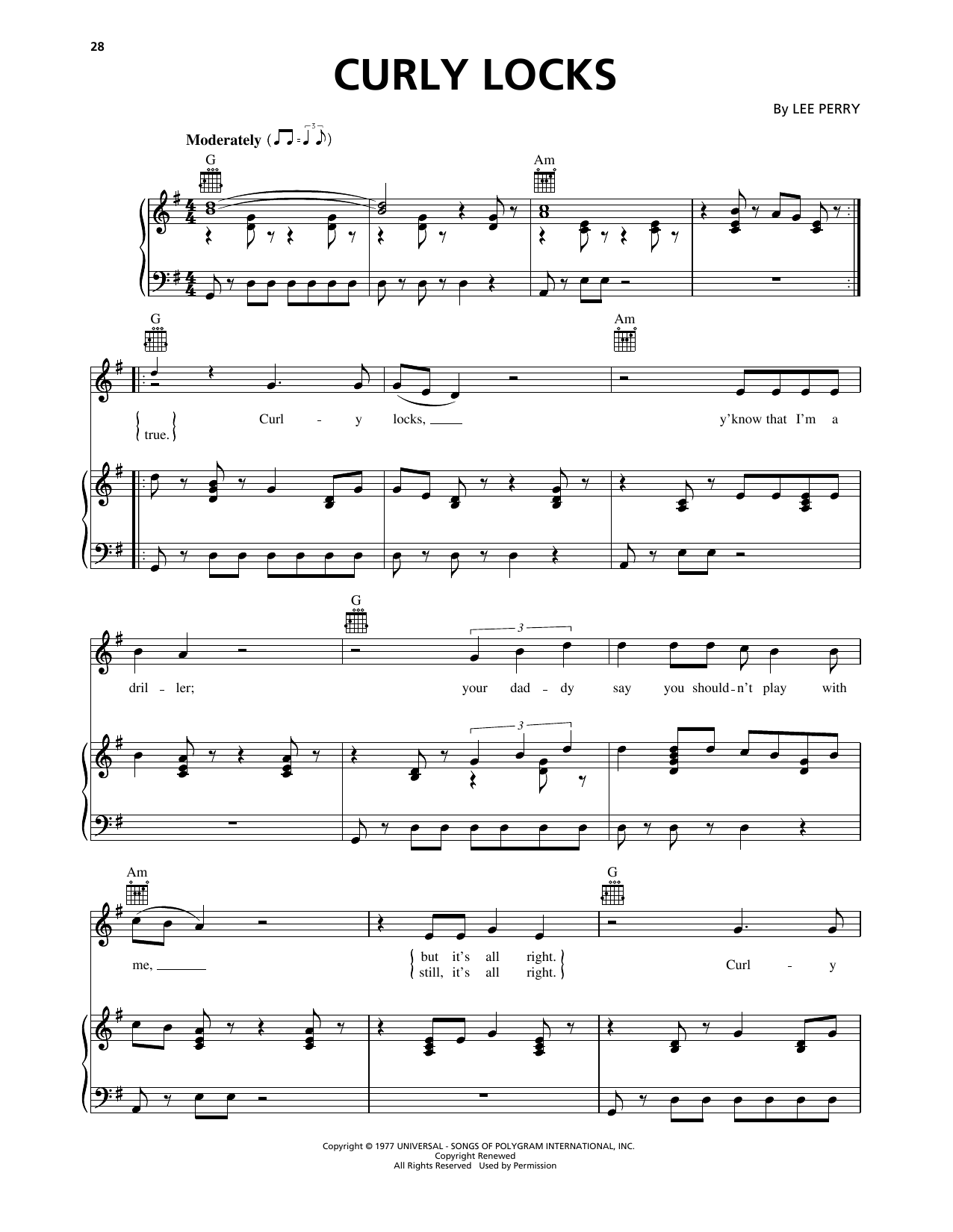 Lee Perry Curly Locks Sheet Music Notes & Chords for Piano, Vocal & Guitar Chords (Right-Hand Melody) - Download or Print PDF