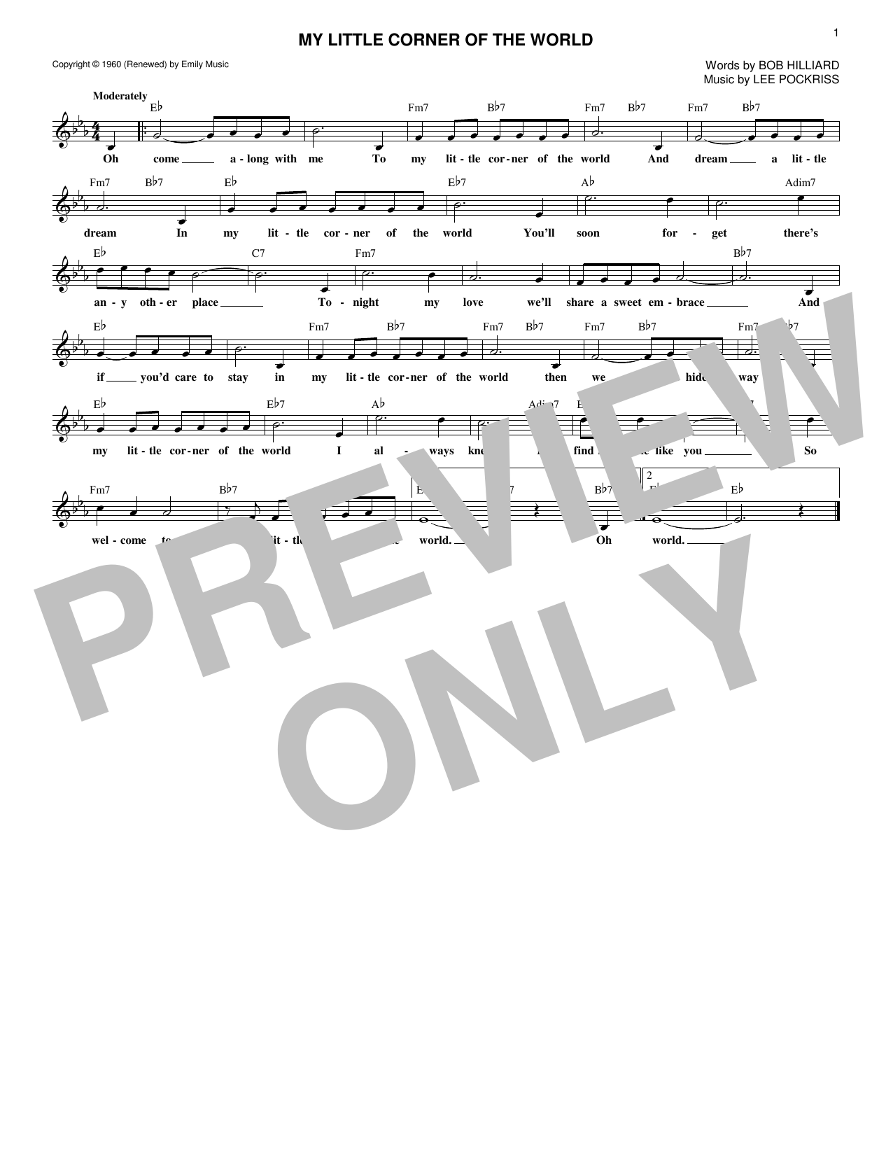 Lee Pockriss My Little Corner Of The World Sheet Music Notes & Chords for Melody Line, Lyrics & Chords - Download or Print PDF