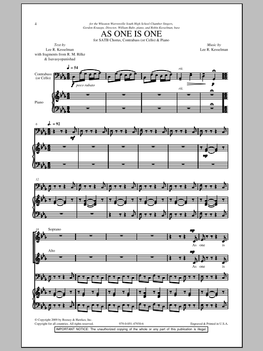 Lee R. Kesselman As One Is One Sheet Music Notes & Chords for SATB - Download or Print PDF