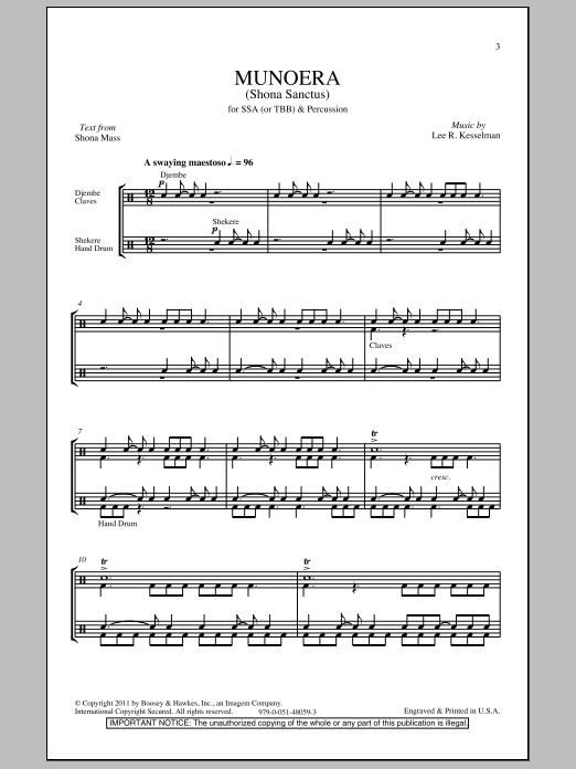 Lee R. Kesselman Munoera (Sanctus From The Shona Mass) Sheet Music Notes & Chords for SSA - Download or Print PDF