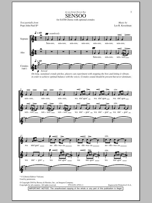 Lee R. Kesselman Sensoo Sheet Music Notes & Chords for SATB - Download or Print PDF