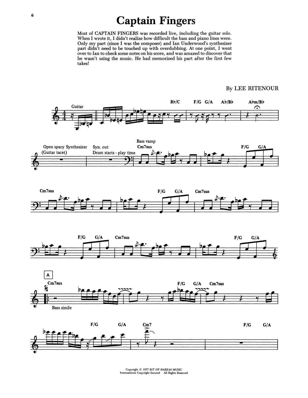 Lee Ritenour Captain Fingers Sheet Music Notes & Chords for Piano Solo - Download or Print PDF