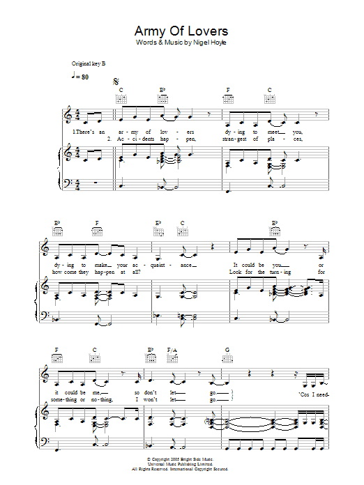 Lee Ryan Army Of Lovers Sheet Music Notes & Chords for Piano, Vocal & Guitar (Right-Hand Melody) - Download or Print PDF