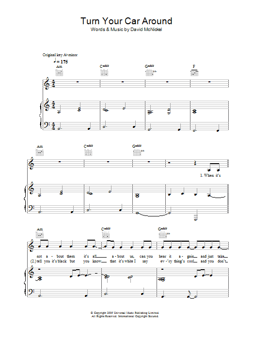 Lee Ryan Turn Your Car Around Sheet Music Notes & Chords for Piano, Vocal & Guitar - Download or Print PDF