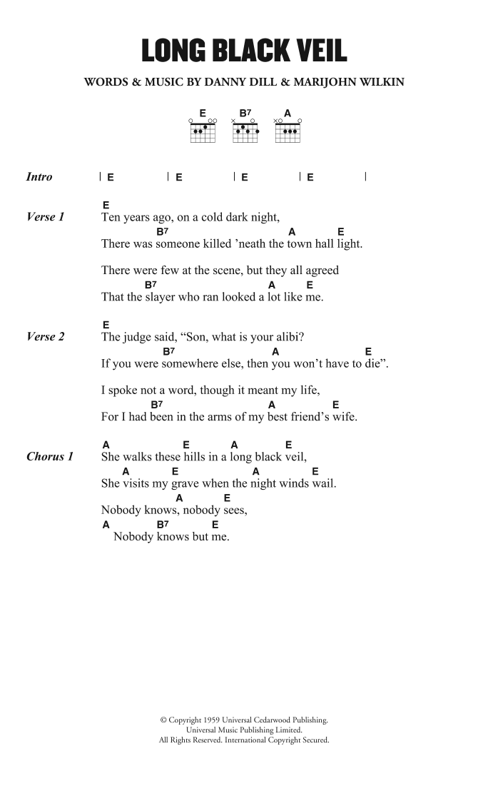 Lefty Frizzell Long Black Veil Sheet Music Notes & Chords for Lyrics & Chords - Download or Print PDF