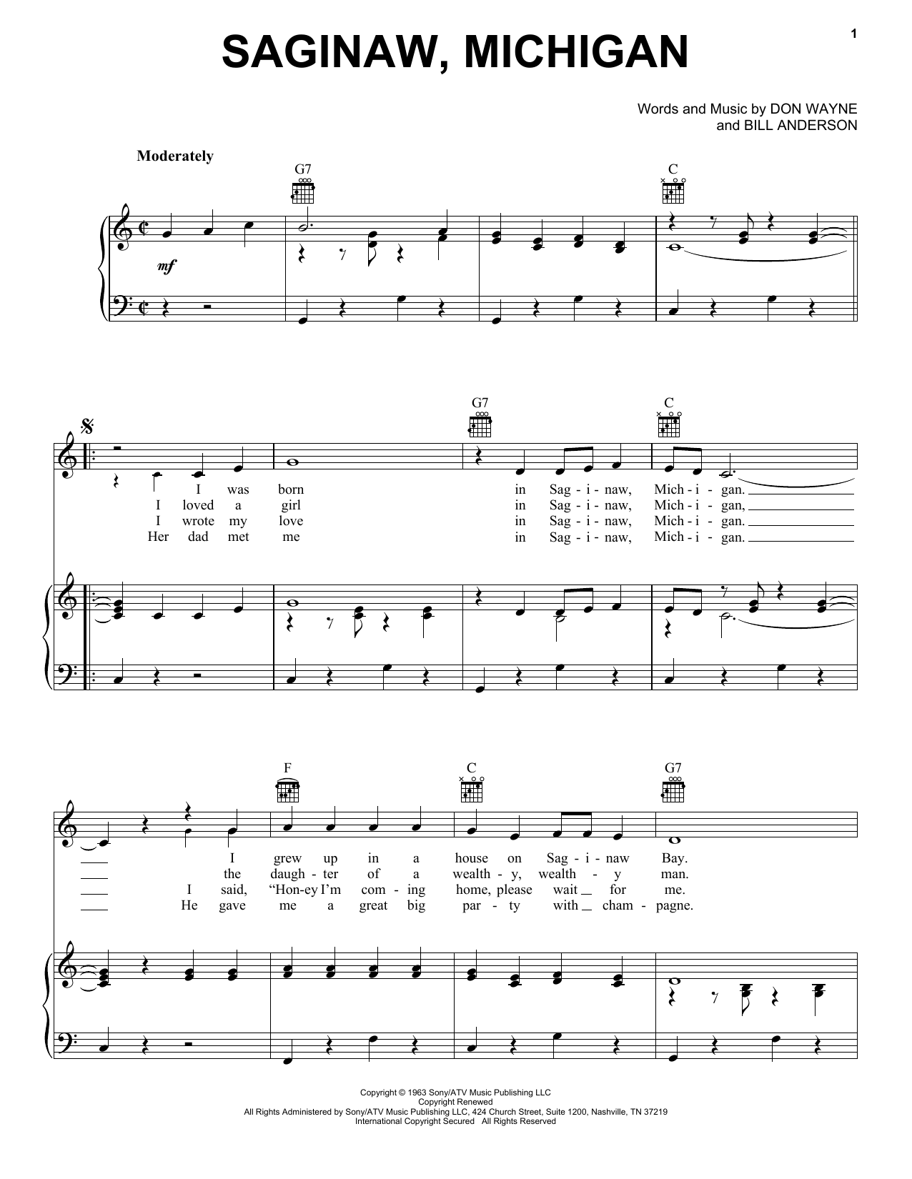 Lefty Frizzell Saginaw, Michigan Sheet Music Notes & Chords for Lyrics & Piano Chords - Download or Print PDF